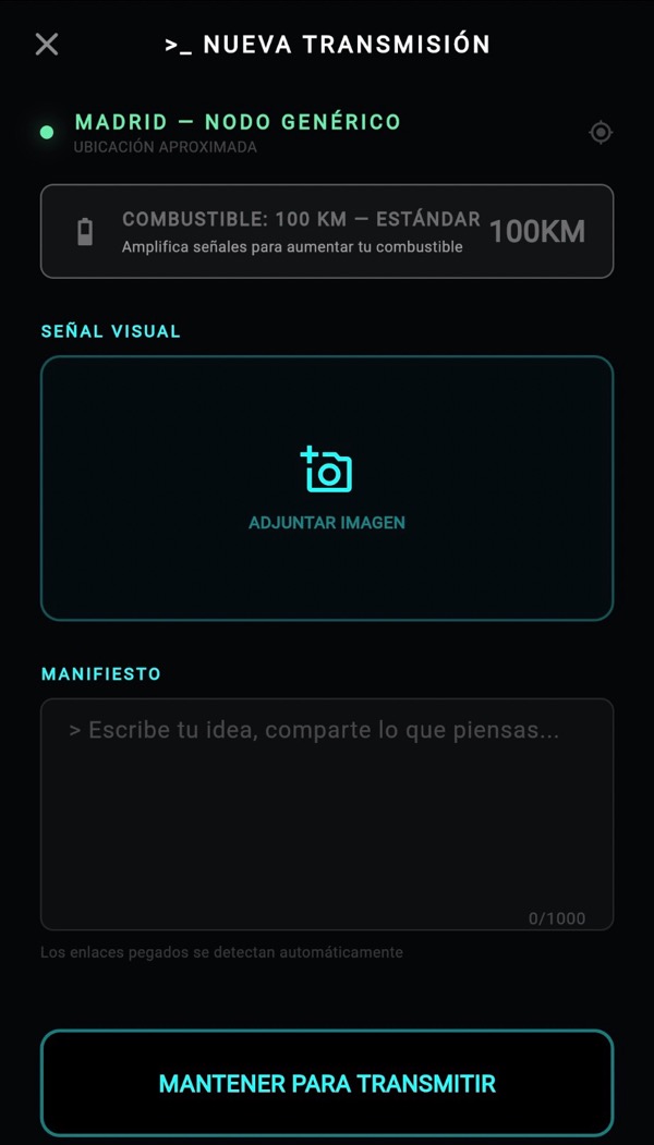 Pantalla para crear una señal con combustible, imagen, texto y botón de mantener para transmitir