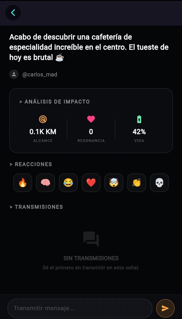 Detalle de una señal con alcance, resonancia, vida, reacciones y comentarios