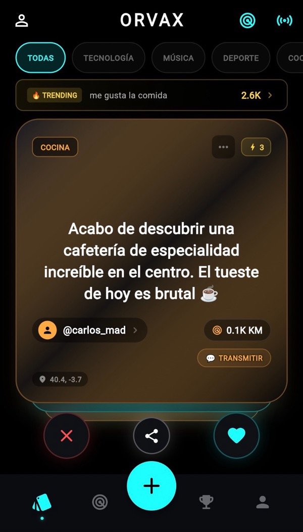 Feed de ORVAX con una señal, filtros por categoría y botones para amplificar o pasar