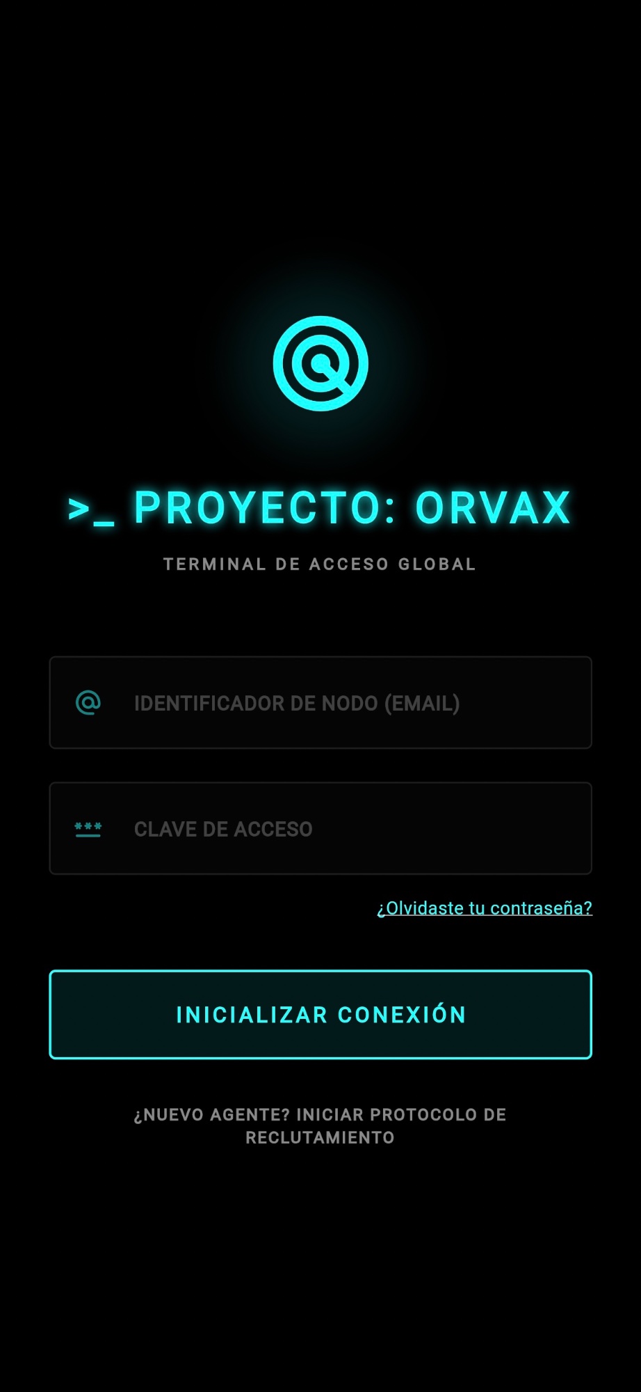 Pantalla de login de ORVAX